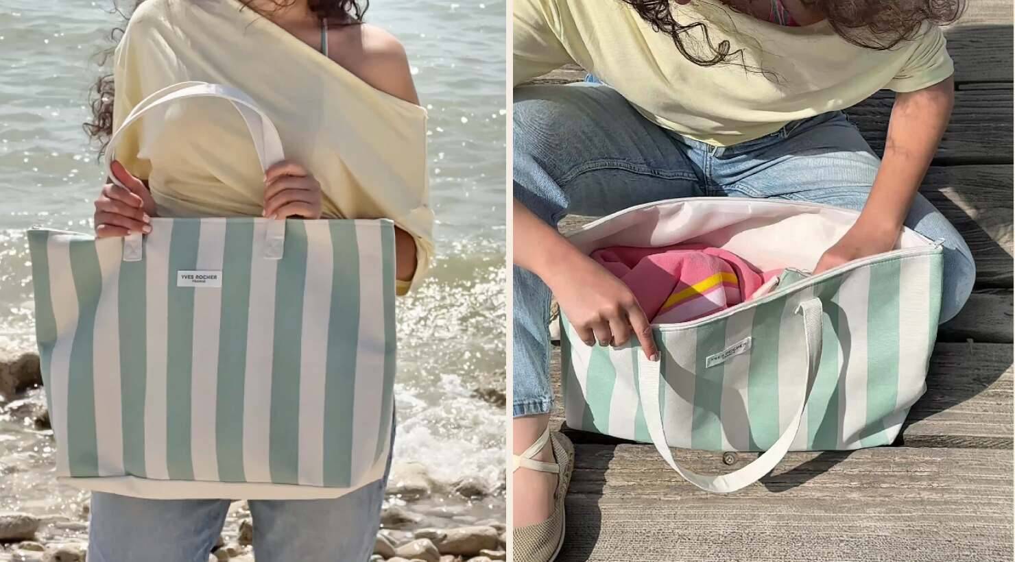 Grün-weiß gestreifte Strandtasche von Yves Rocher am Meer
