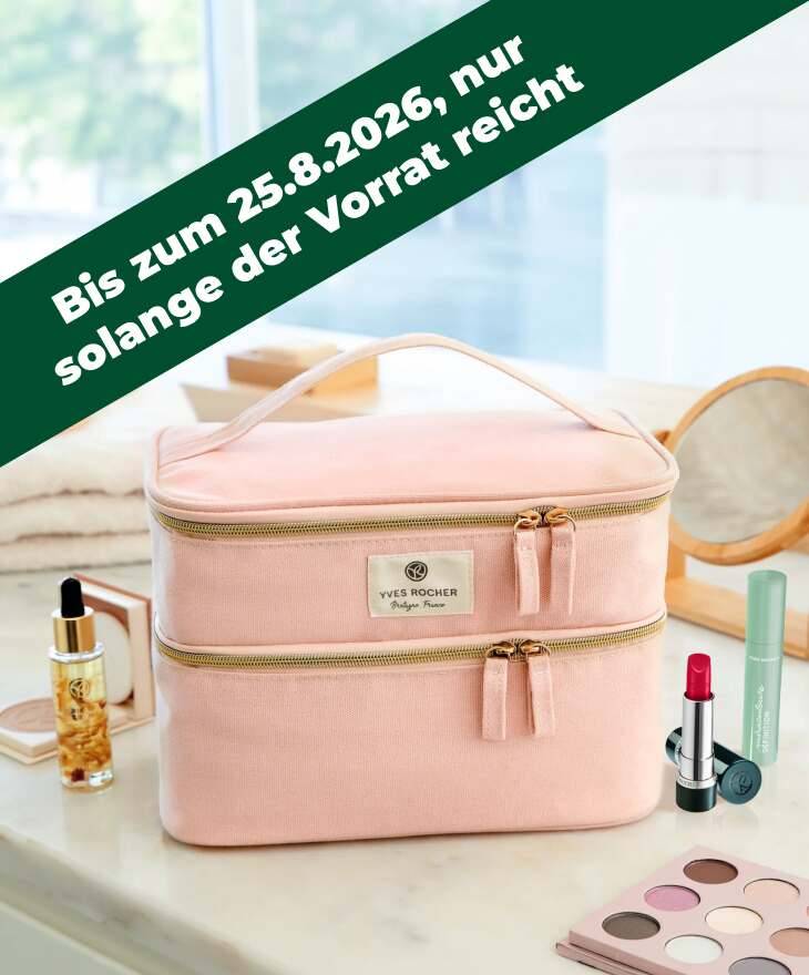 Rosa Yves Rocher Kosmetiktasche mit Make-up-Produkten, erhältlich bis zum 25.08.2026 nur solange der Vorrat reicht.