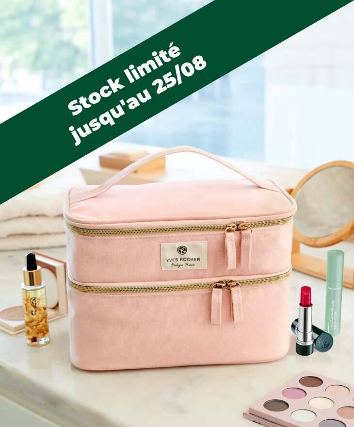Vanity rose Yves Rocher accompagné de produits de maquillage, avec message stock limité jusqu’au 25/08.